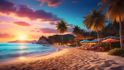Obraz premium A radiant private beach glowing with vibrant AI-controlled lighting at sunset, Cinematic theme, HDR, Vibrant