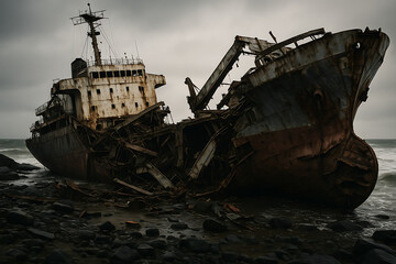 A massive tanker ship wrecked after a collision at sea.
