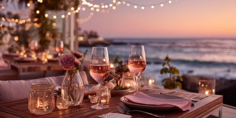 Romantic dinner setup with rose wine glasses on a terrace overlooking the ocean at sunset. 