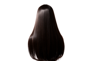 Dark long straight hair wig, isolated for use on transparent background.