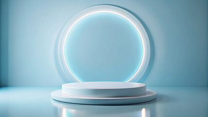 Minimalist blue platform with circular light backdrop rendering