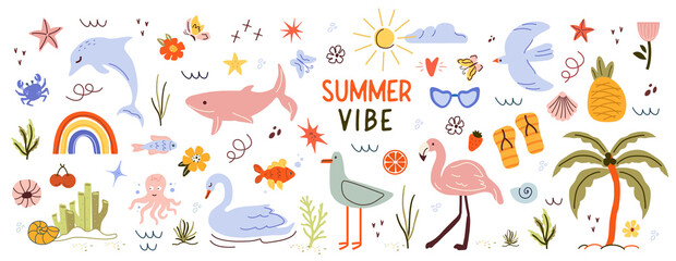 Fototapeta premium trendy, tropical fruits, desserts, summer elements. naive, summer set, isolated elements on a white background. minimalist, childish, naive style. for print, banner, social network, business. art png