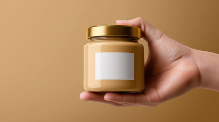 Hand holding a small jar of peanut butter with a blank label against a matching brown background.
