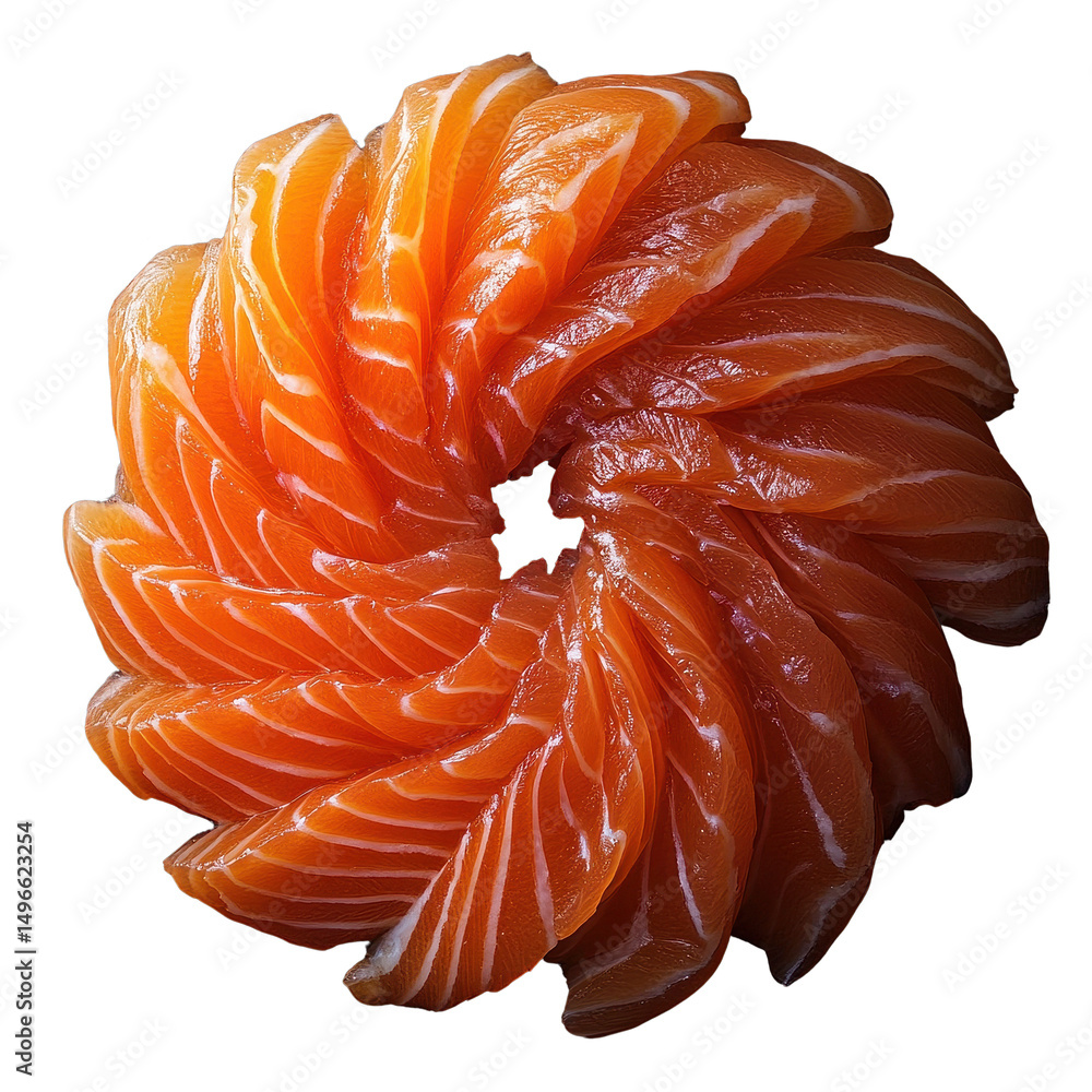 Poster sliced salmon fillet arranged in a spiral pattern on a dark background, slices salmon fillet twist