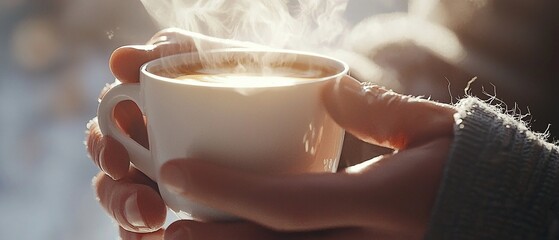 Aromatic indulgence: Person holding a steaming cup of coffee on a winter day