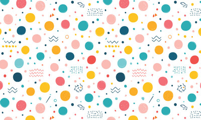 Colorful Memphis Geometric Pattern with Random Shapes, Lines, and Dots