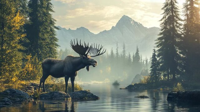 A large moose stands in front of a mountain range. The scene is serene and peaceful, with the moose being the focal point of the image
