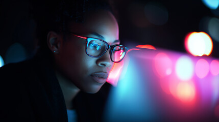 Close-up of a focused young woman wearing glasses illuminated by colorful screen light.
