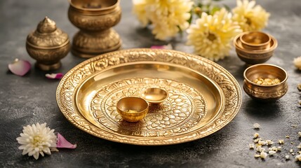 Ornate brass plate and bowls for religious ceremony.