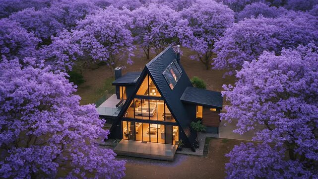 Modern A-frame house nestled amongst vibrant purple jacaranda trees