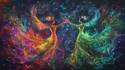 Ethereal cosmic dance between star-clad beings in vibrant celestial fantasy realm