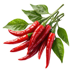 Fresh red chili peppers with green leaves spicy cooking ingredient close up view on transparent background