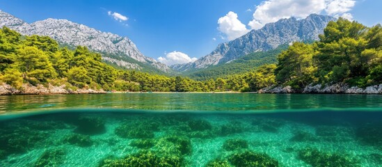 Half underwater view of picturesque lake in mountains during the bright day
