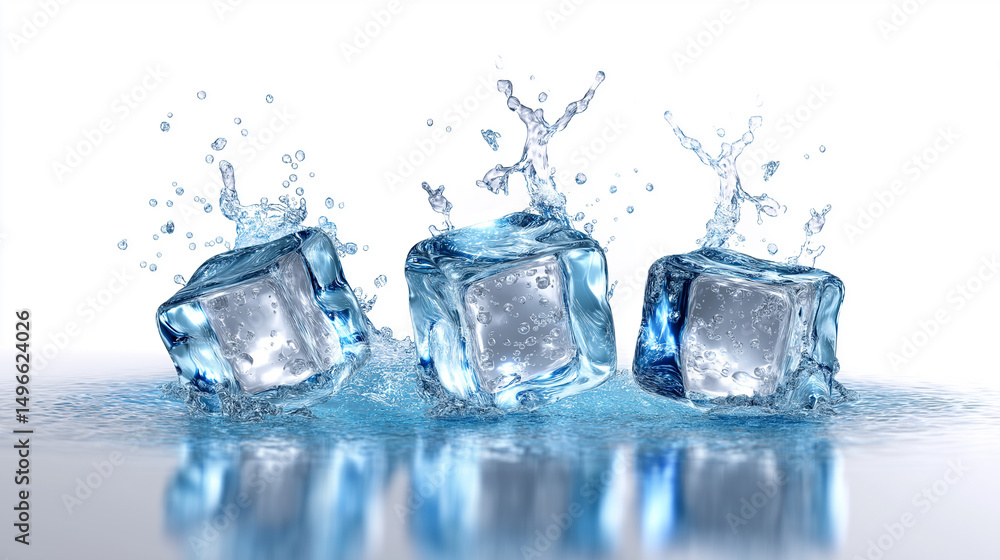 Poster falling ice cubes splash into water on a smooth reflective surface against a blue gradient backgroun
