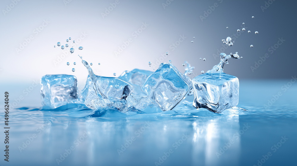 Poster falling ice cubes splash into water on a smooth reflective surface against a blue gradient backgroun