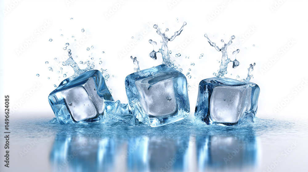 Poster falling ice cubes splash into water on a smooth reflective surface against a blue gradient backgroun