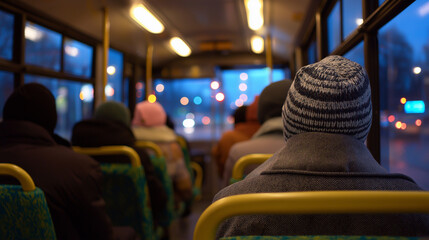 Passengers in winter clothing sit quietly inside a dimly lit city bus during evening hours.
