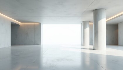 Obraz premium Modern White Space Symmetrical Columns Lining a Bright Reflective Corridor an Empty Architectural Composition