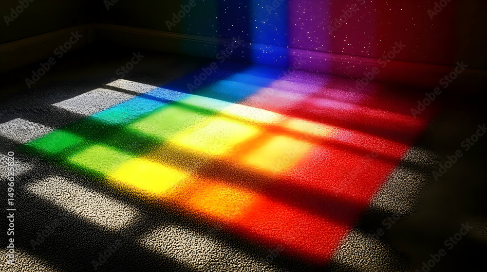 Poster vibrant rainbow light cast on textured carpet, creating colorful, abstract patterns. perfect for bac