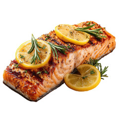 Delicious grilled salmon fillet recipe with lemon and fresh herbs close up view on transparent background