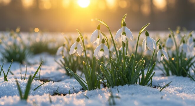 Photo of Snowdrops Blooming in Snowy Field at Sunset