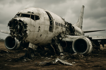 A commercial passenger plane completely wrecked after a crash on the runway and in the air.