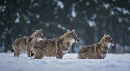 Obraz premium Photo of Three Wolves in Snowy Forest