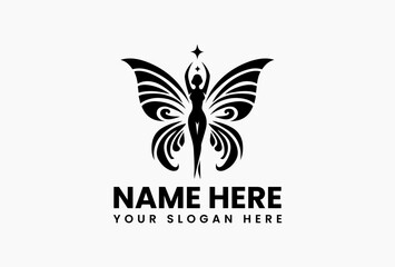 Graceful feminine vector art of butterfly-winged woman ascending toward shining star in monochrome. Fantasy aspiration symbol  