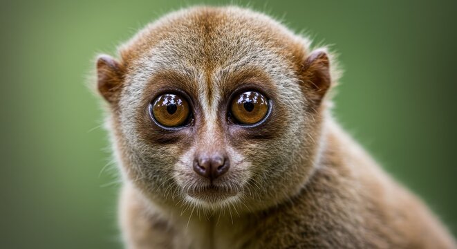 Photo Slow Loris Closeup Portrait in Green Background