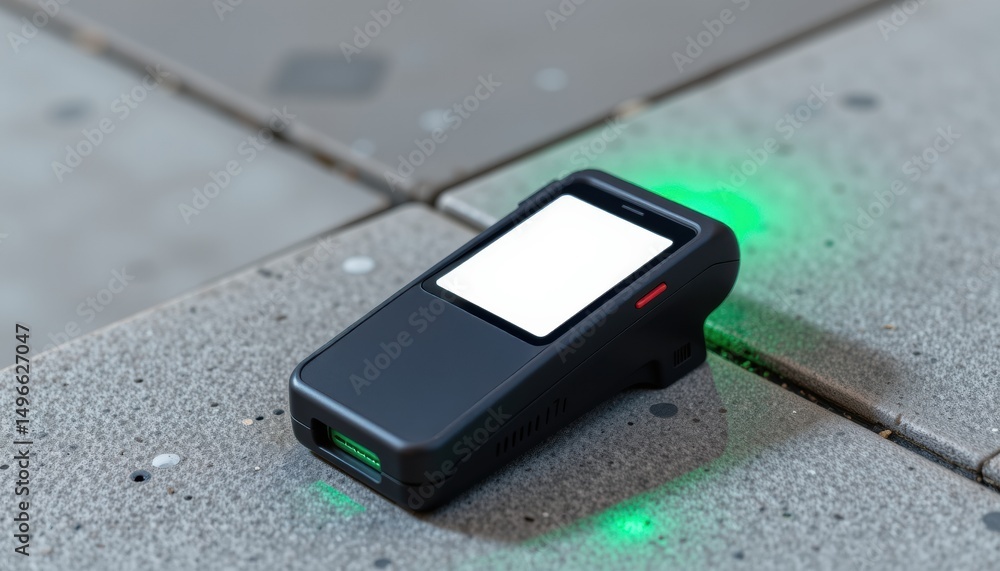 Poster portable device with a glowing indicator light on a surface.