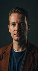 Fototapeta premium Studio Portrait Of A Serious Man In Brown Jacket And Blue Shirt Photo