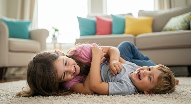 Two Children Playing On Carpet