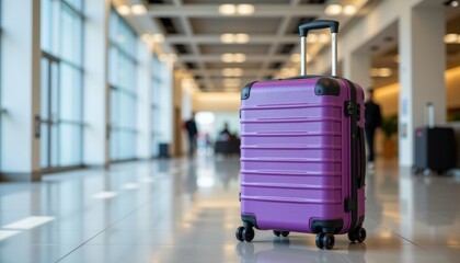 Purple suitcase in a modern airport terminal setting.
