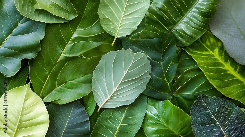 Poster diverse array of lush green leaves arranged in a vibrant pattern.