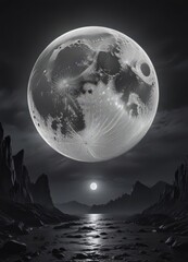 Giant full moon dominates inky black sky, unsettling scene ,  atmosphere,  vast