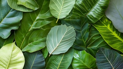 Fototapeta premium Diverse array of lush green leaves arranged in a vibrant pattern.