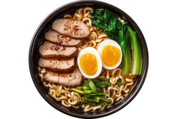 Delicious japanese ramen bowl with pork, egg, and vegetables close up shot on transparent background