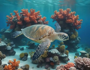 Green sea turtle gracefully swims amidst vibrant coral reef, azure water ,  water,  blue