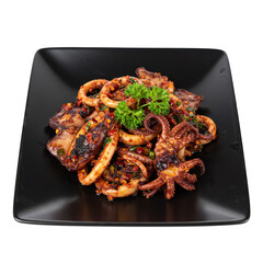 A vibrant plate of spicy octopus dish garnished with herbs, served on a black plate