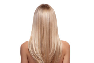 Sleek and straight blonde hair seen from the back, isolated on transparent background.