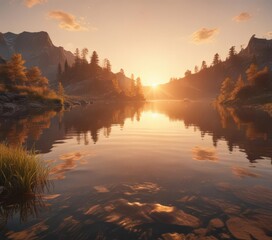 Golden hour light bathes tranquil lake, sunset's glow ,  lake,  orange,  stillness