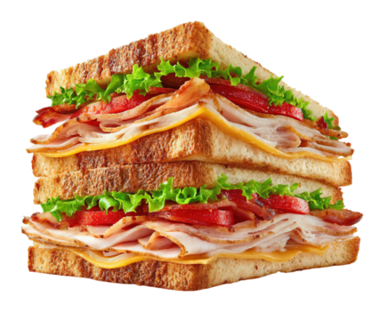 Delicious club sandwich with turkey bacon lettuce and tomato on toasted bread on transparent background