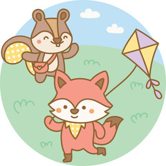 Fox and squirrel flying a kite together on a sunny outdoor field during summer playtime