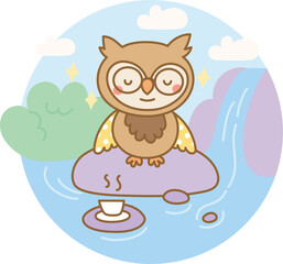 Calm owl meditating by the waterfall with a warm drink in a peaceful forest moment