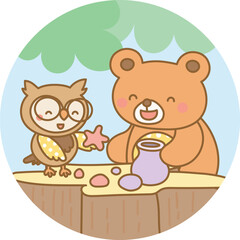 Owl and bear sculpting clay together in a creative outdoor learning activity