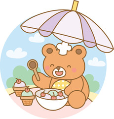 Happy bear making ice cream under a sun umbrella in a playful summer picnic scene