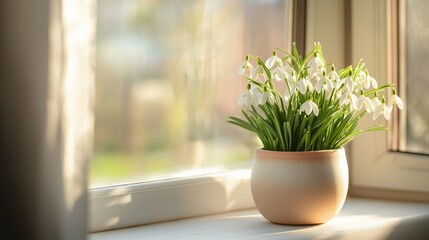 Snowdrop flowers in a pot on a bright window sill with sunlight streaming in
