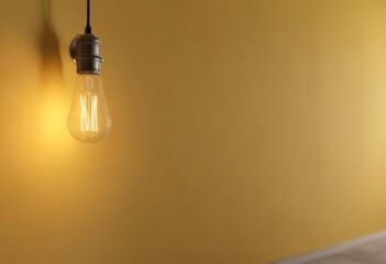 Single Edison bulb suspended against sunny yellow wall,  light,  single light,  studio lighting
