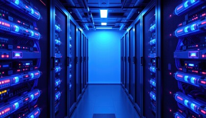 Server room with blue lighting and equipment racks.