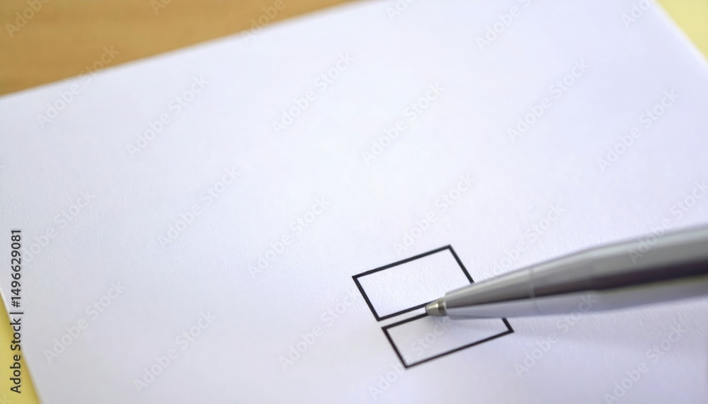 Poster impact tariff concept. a pen poised above a blank paper with a checkbox drawn, ready for selection.